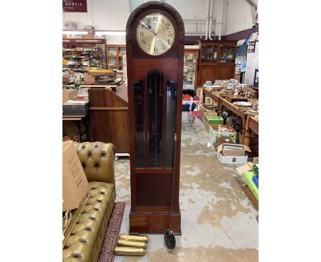 Early 20th century mahogany longcase clock with pendulum and three brass weights