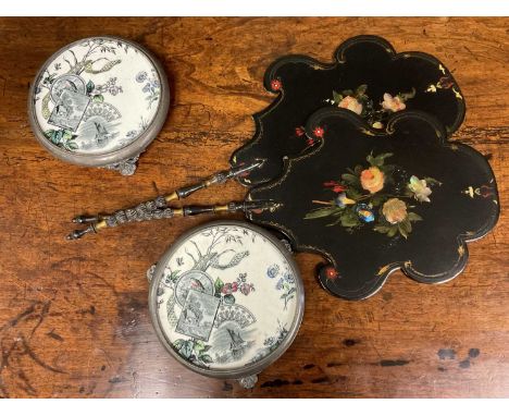 Pair of Victorian Papier Mache face screens, together with pair of pewter mounted teapot stands