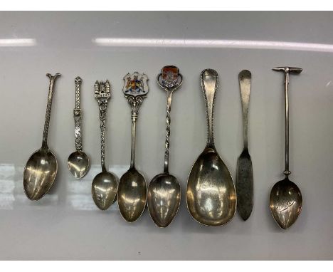 Silver caddy spoon and various silver and white metal spoons