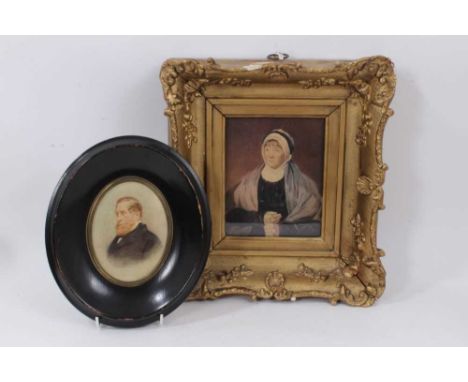 Early 19th century portrait watercolour miniature on paper of a woman with glasses, in period glazed gilt frame, 33 x 29cm, t