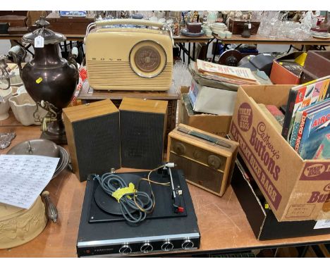 Vintage Bush radio, valve radio, PYE radio and Ferguson record player with speakers.