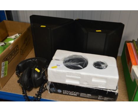 A pair of Monitor audio speakers; together with a pair of headphones and a Kenwood speaker