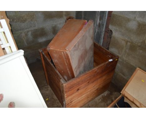 A wooden storage box and contents of various hand tools, walking stick etc.