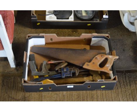A box of various hand tools