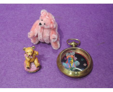 A Lisa Lloyd jointed compact bear, height 3.5 inches a Lisa Lloyd miniature jointed bear in a gold plated pocket watch case a