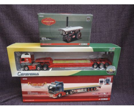 A Corgi 1:50 scale diecast, Volvo FH Flatbed Trailer, RC Robinson's Haulage Ltd, mirrors present, boxed CC14021, A Cararama d