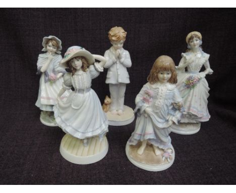 Five Royal Worcester figurines, NSPCC Lullaby, I Pray &amp; A Posy For Mother, The Vilage Bride and Grandma's Bonnet