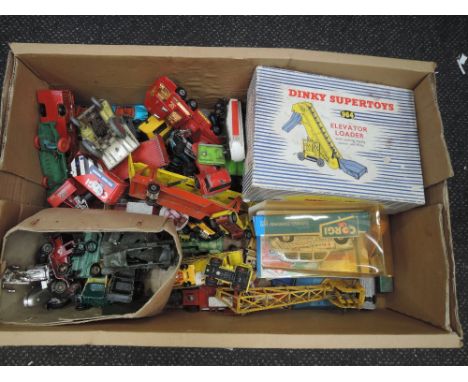 A box of 1940's and later Dinky, Matchbox, Corgi and similar playworn diecasts, some boxed