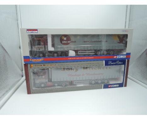 Two Corgi Limited Edition 1:50 scale diecast advertising articulated wagons, John Mitchell CC12001, mirrors attached and John