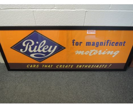 A rare Riley motor car shop advertising sign. A two part piece full colour paper print having never been installed, Reading '
