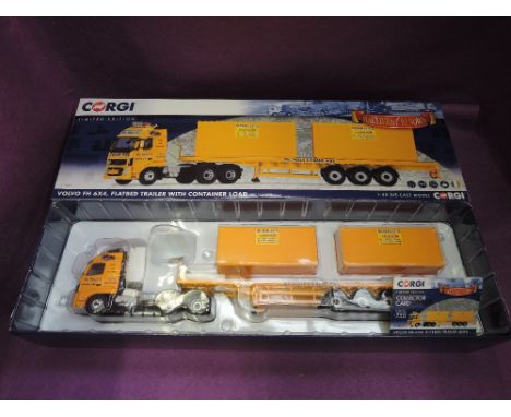 A Corgi limited edition 1:50 scale diecast, McNally's Crane Hire, Volvo FH 6x4 Flatbed Trailer with Container Load, mirrors u