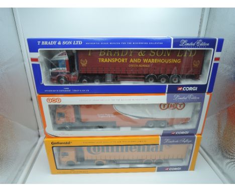 Three Corgi Limited Edition 1:50 scale diecast advertising articulated wagon, T Brady &amp; Son Ltd 75408, TNT 75701 and Cont