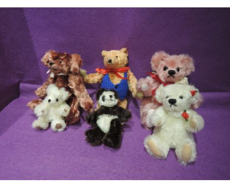 A Naomi Light jointed bear, Rusty, height 7.5 inches, two Catherine M While jointed bears, Misty &amp; Pandora, Two Bocs Tega