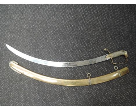 A Light Cavalry sword with curved blade, brass horse head pommel, decorated blade and brass scabbardUnsure as to age of this 