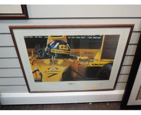 A framed limited edition print by Mike Thompson, Farewell From A Champion, signed by Damon Hill and the artist, numbered 294/