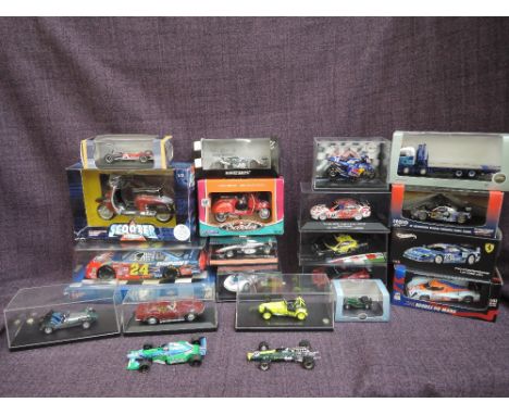 A selection of mixed scale diecast racing and sports cars etc including Minichamps, Hotwheels, Onyx etc, most boxed