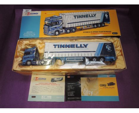 A Corgi limited edition 1:50 scale diecast, Scania R Series Curtainside, Tinnelly Transport, mirrors unattached and present, 