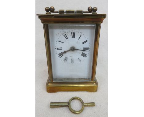 VINTAGE FRENCH STYLE BRASS CARRIAGE CLOCK WITH ENAMELLED DIAL