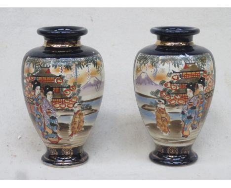 PAIR OF JAPANESE HANDPAINTED AND GILDED CERAMIC VASES, APPROXIMATELY 23cm HIGH