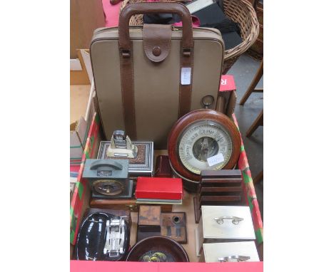 SUNDRY LOT INCLUDING BAROMETER, MANTLE CLOCKS, WOODEN DESK STAND AND VARIOUS STORAGE BOXES, ETC. 