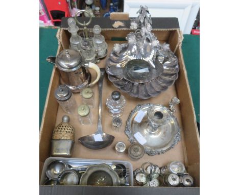 VARIOUS SILVER PLATEDWARE INCLUDING CRUET ITEMS AND CHAMBER STICK, ETC.