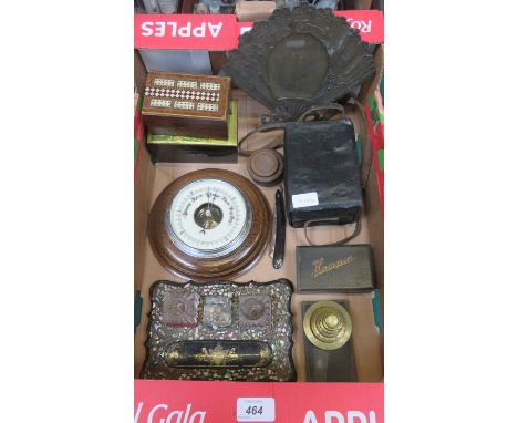SUNDRY LOT INCLUDING PAPIER MACHE DESK STAND, PHOTO FRAME, STORAGE BOX, CASED PLAYING CARDS AND CAMERA, ETC. 