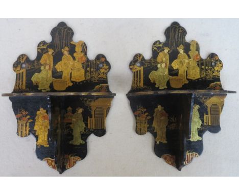 PAIR OF VINTAGE BLACK LACQUERED FOLDING WALL SCONCES, HEAVILY GILDED WITH ORIENTAL GEISHAS THROUGHOUT 