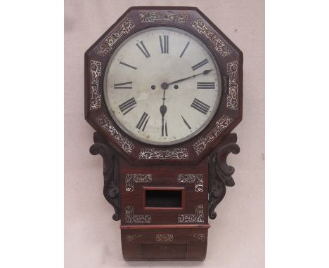 19th CENTURY ROSEWOOD CASED WALL CLOCK WITH MOTHER OF PEARL INLAID DECORATION (AT FAULT) 