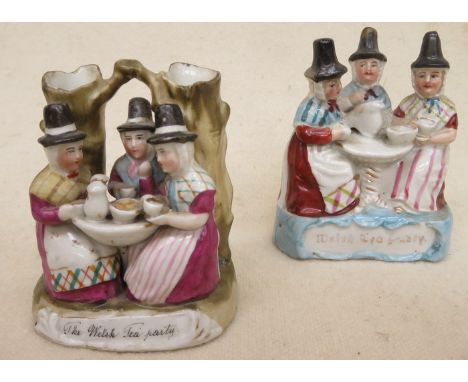 TWO 19th CENTURY HANDPAINTED CERAMIC FAIRINGS, BOTH DEPICTING WELSH TEA PARTIES (AT FAULT) 