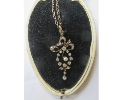 UNHALLMARKED VICTORIAN DIAMOND AND PEARL SET DROP PENDANT ON CHAIN 