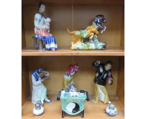 PARCEL OF ORIENTAL GLAZED CERAMIC FIGURES PLUS TWO DELFT STYLE PEPPERETTES 