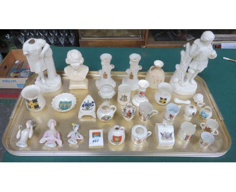 PAIR OF PARIAN FIGURES (AT FAULT), THREE CERAMIC PIN CUSHION DOLLS, CRESTED WARE PLUS OTHER SUNDRIES 