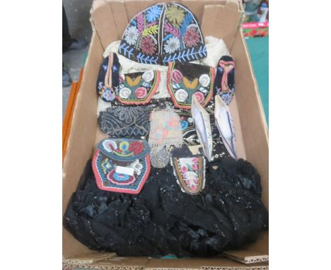 VINTAGE BEADED SHAWLS, BEADED HATS, BAGS AND SLIPPERS, ETC, AND ALSO MESH PURSE 