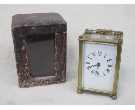 19th CENTURY BRASS FRENCH CARRIAGE CLOCK WITHIN LEATHER GLAZED CASE 