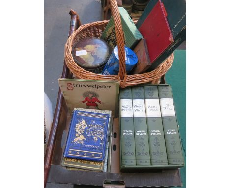 MIXED LOT INCLUDING FOLIO VOLUMES, WICKER BASKET, GAMES, MARBLES AND WALKING STICK