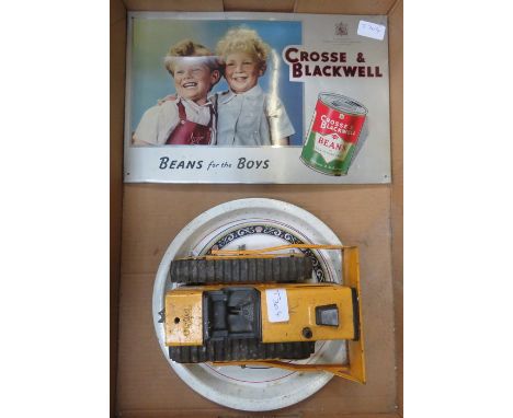 MIXED LOT INCLUDING TWO CROSS AND BLACKWELL ADVERTISING SIGNS, TONKA TOY, MANNS BROWN ALE TRAY AND CERAMIC TEAPOT STAND 