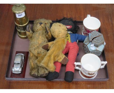 MIXED LOT INCLUDING SOOTY HAND PUPPET, TEDDY BEAR, MINER'S LAMP, TYN LLAN STORAGE JAR (AT FAULT) AND COMMEMORATIVE JUGS, ETC.