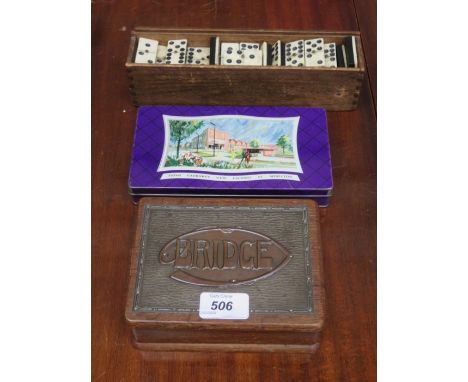 CASED VINTAGE DOMINOES, BRIDGE BOX PLUS PLAYING CARDS AND CADBURY'S TIN 