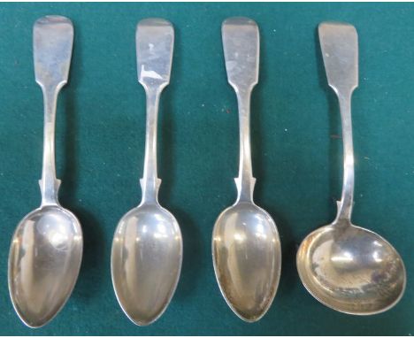 THREE HALLMARKED SILVER SPOONS AND SILVER SOUP LADLE 