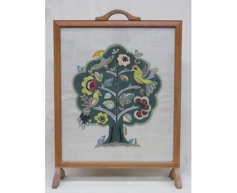 20th CENTURY LIGHT OAK FIRESCREEN WITH EMBROIDERED DECORATION 