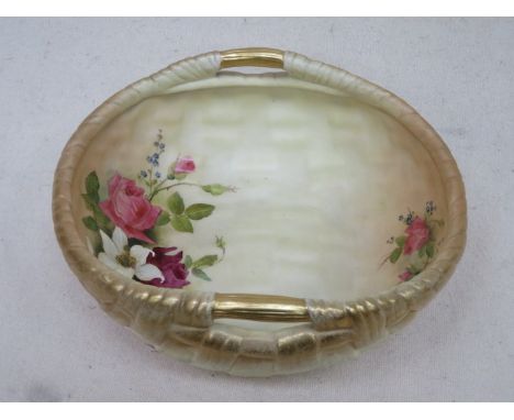 ROYAL WORCESTER HANDPAINTED AND GILDED BLUSH IVORY TWO HANDLED BASKET WITH FLORAL DECORATION, NoG441, APPROXIMATELY 23cm x 20