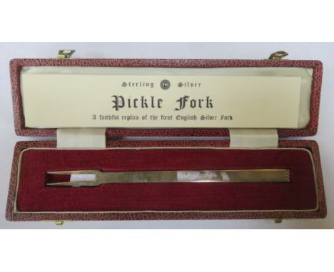 CASED MODERN SILVER TWO PRONGED PICKLE FORK
