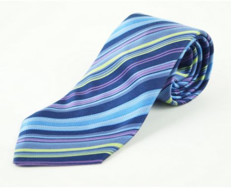 An Hermes silk tieOf typical form, with spring green, purple, light and navy blue diagonal stripes throughout, length 148cm
