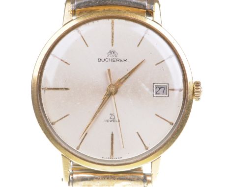 Bucherer: An 18ct gold automatic wristwatchThe circular silver tone dial, with gold baton hour markers, gold tone hands and s