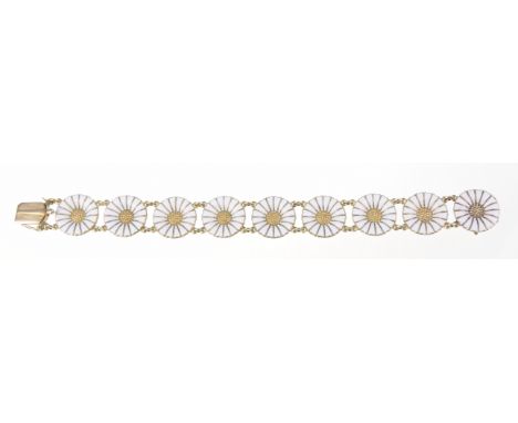 Georg Jensen: A silver gilt and enamel daisy braceletEach link designed as a daisy with white enamel petals, with box-clasp, 