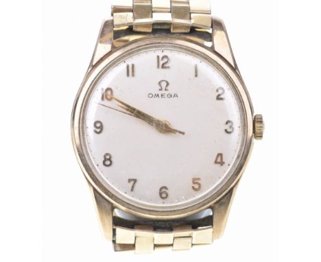 Omega: A 9ct gold manual wind bracelet wristwatchThe circular white dial, with applied gold tone Roman numerals, an outer min