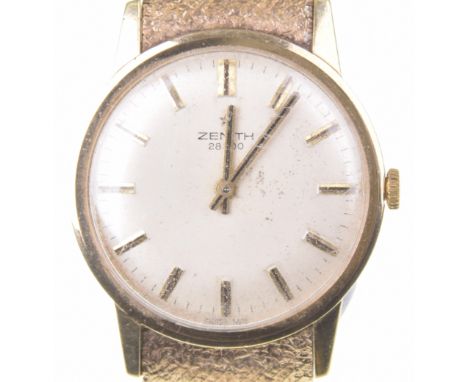 Zenith: A 9ct gold manual wind gentleman's bracelet watchThe champagne tone sunburst effect dial with hourly applied batons, 