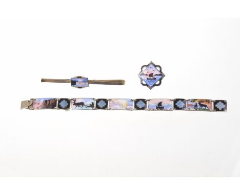 A collection of Norwegian silver and enamel jewelleryTo include; a panelled bracelet by Gustav Hellstrom stamped 925S, a tie 