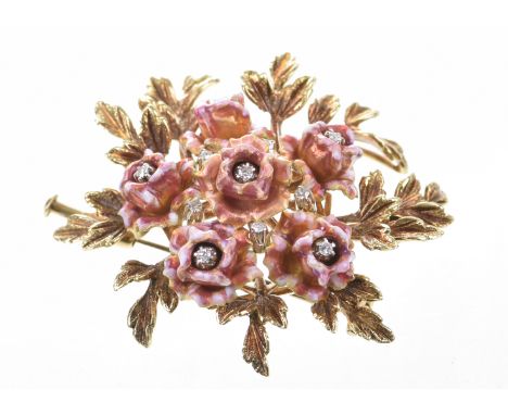A diamond and enamel floral broochThe brilliant-cut diamond stamen, with a gold and pink enamel articulated petal surround an