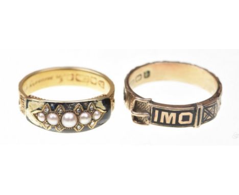 Two Victorian mourning ringsThe first, set with five graduated pearls, with rose-cut diamond points, to a black enamel ground